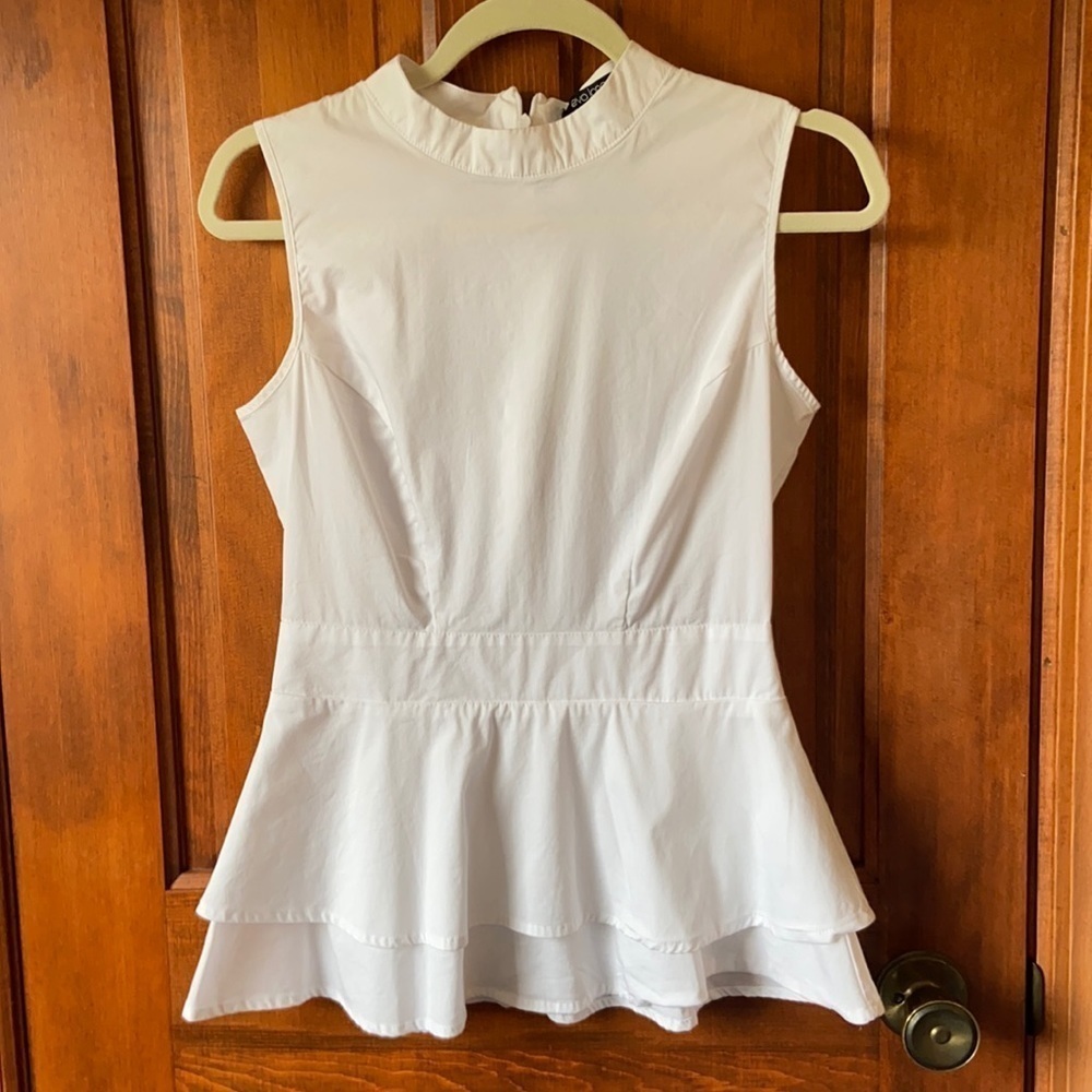Eva Longoria Sleeveless Cotton Blouse Ruffled Peblum Creamy White Dressy Small